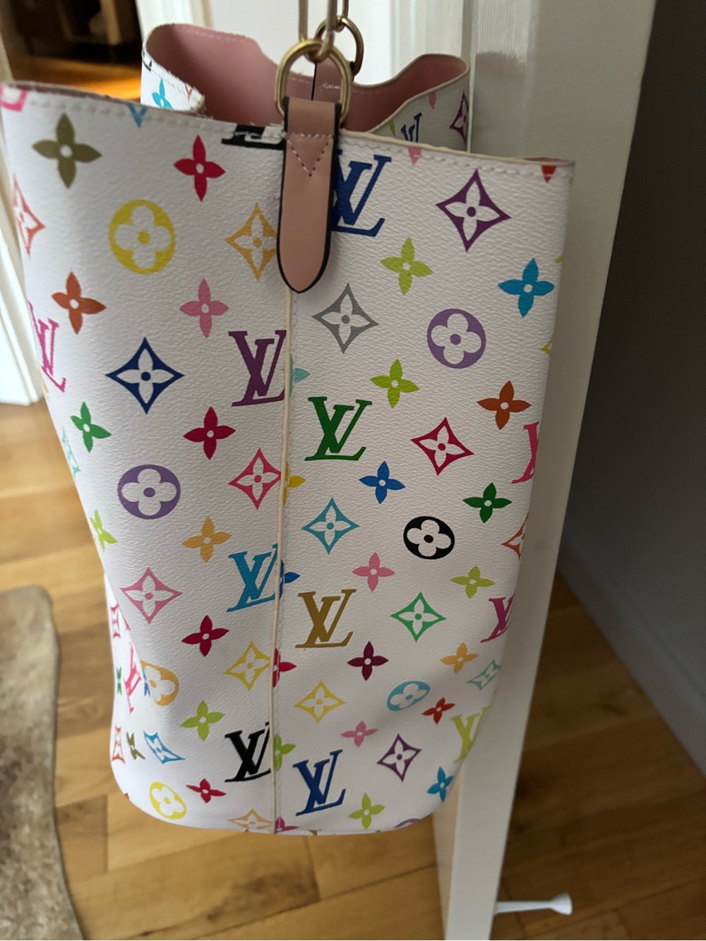 White Multicolor Monogram Drawstring Shoulder Bag - Pink Trim - Picture 4 of 4